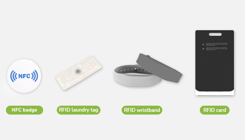 Types of RFID Tags for Employee Use Images of RFID Card, Wristband, Laundry Tag, NFC Badge