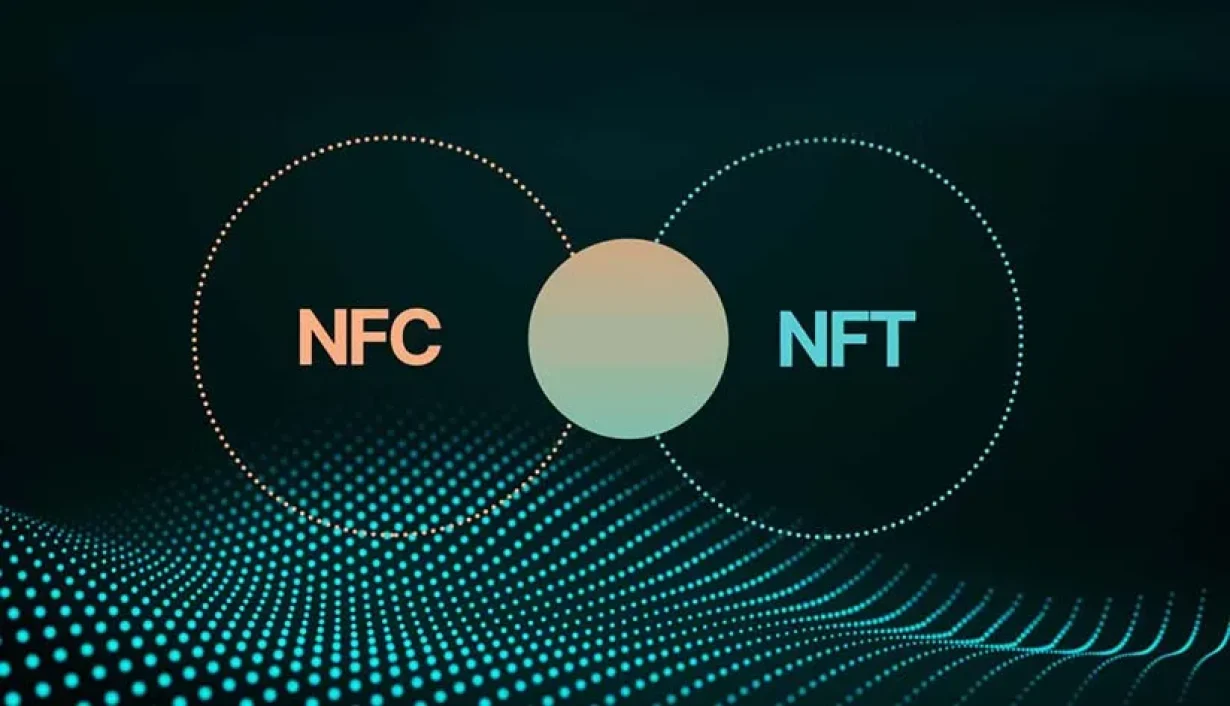 Bridging Physical Fashion with Digital Rewards using NFT and NFC Stylized image showing interaction between a garment tag, NFC phone symbol, and NFT logo