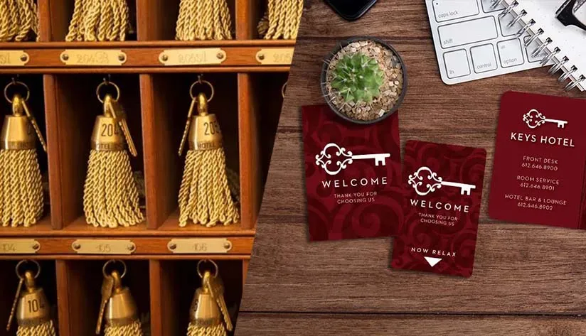 traditional-metal-key-and-modern-hotel-key-card Comparison of a traditional metal key and a modern RFID hotel key card, highlighting the evolution of hotel access technology.
